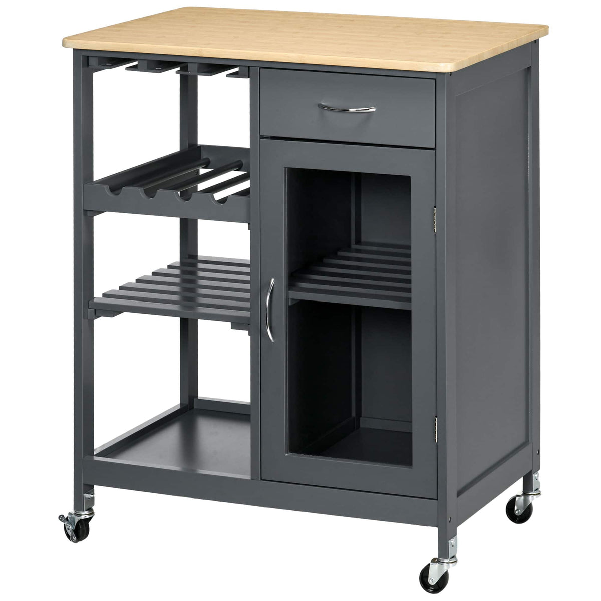 Homcom - Kitchen Island with Storage, Kitchen Cart with 4-bottle Wine Rack, Bar Cart with Stemware Holder, Shelves - Gray