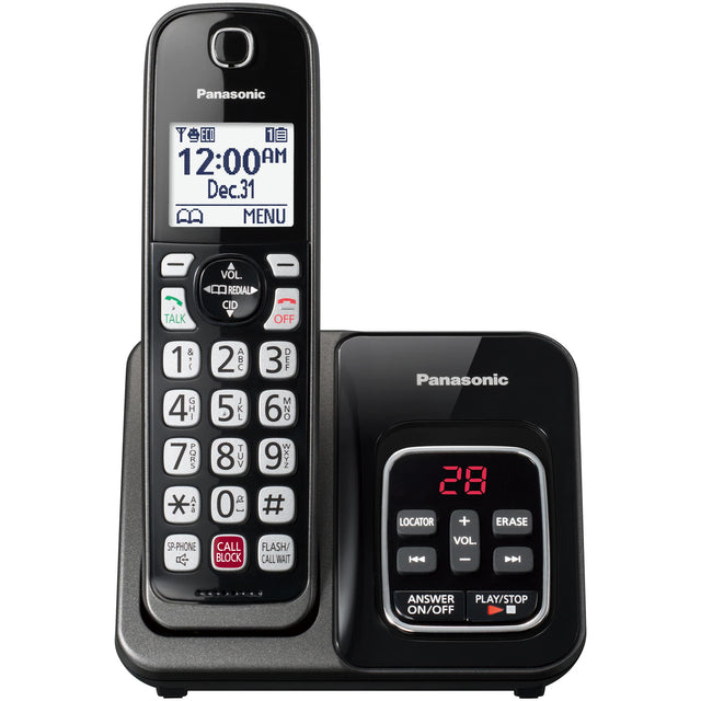 Panasonic is the brand of the phone and the clock shown in the image. The clock displays the time as 12:00 AM on December 31st. The phone has a menu option, which can be accessed by pressing the "Menu" button. The phone also has a "Talk" button for making calls, and a "Redial" button for redialing the last number called. Additionally, there are buttons for volume control, and a "Locator" feature for finding lost items. The phone also has a "Call Block" feature for blocking unwanted calls, and a "Flash/Call 