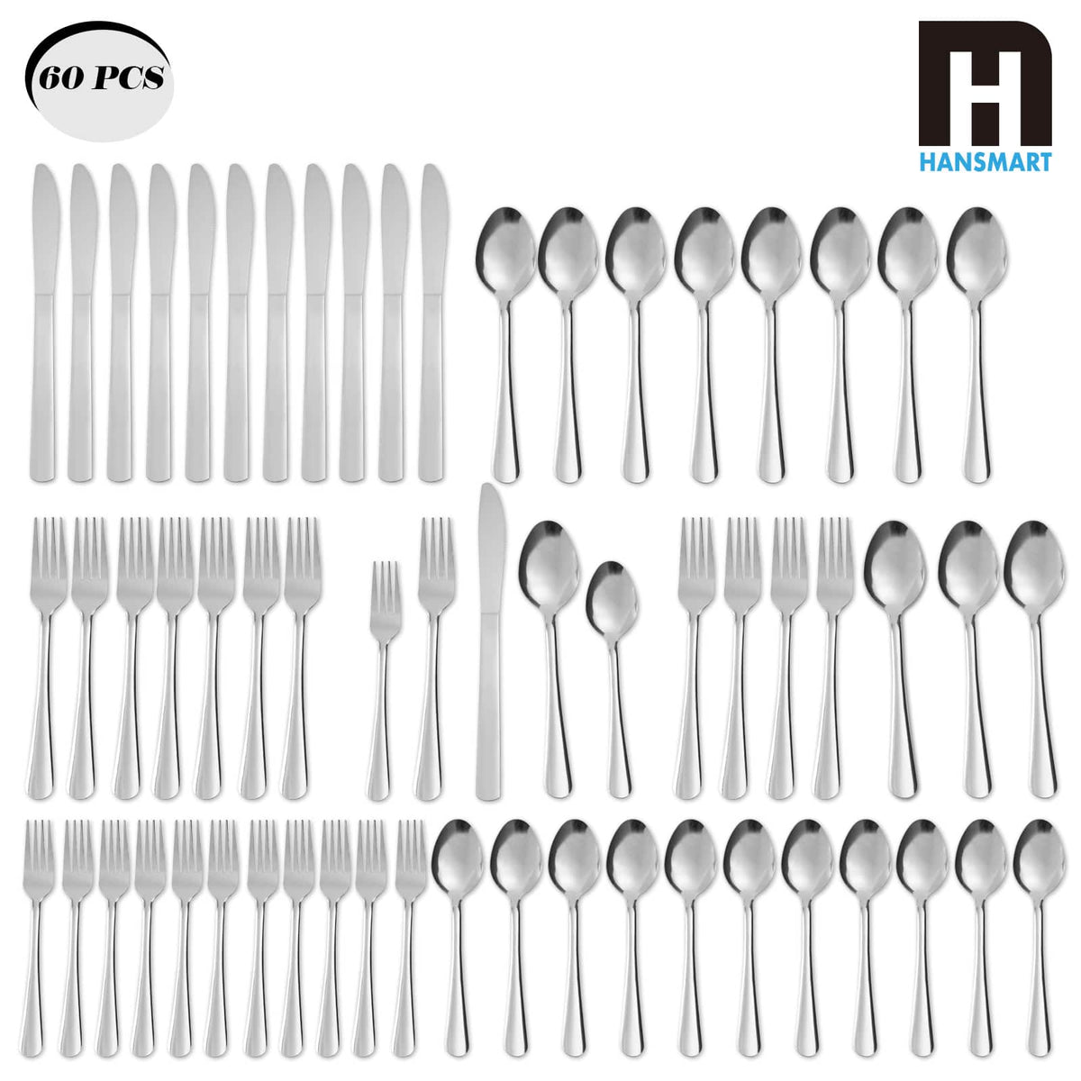 Hansmart - 60Pcs Stainless Steel Flatware Set For 12 With Dinner Forks Salad Forks Spoons and Knives Dishwasher Safe - Silver