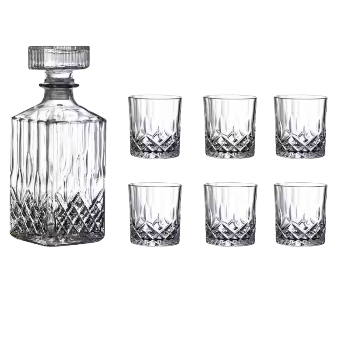Kitcheniva - 25 oz Vintage Style Glass Whiskey Decanter Set with Stopper - Includes 6 Glasses (7.4 oz) - Clear