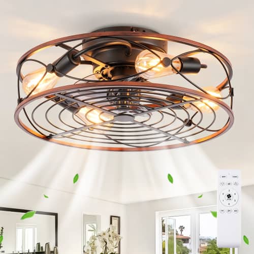 LUCKY ONE - 20" Caged Ceiling Fan with Light Remote 6-Speed DC Motor Timer - Matte Black,Wood
