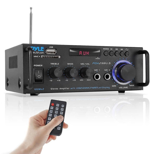 PYLE  
leUSA.com  
MMC USB 8 UH MODE HI RELTE H4 H POWER TREBLE BASS MIC/VOL PDA 29BU.5 MIC 1 1 MIC 2 Y I -10 +10 -10 +10 MIN MAX 100Wx2 MIN MAX with USB/SD/MMC/FM/BT/Led Display VOLUME Stereo Amplifier JDOMXS BMUJOV Amplifier IM dWD/ I - i - T - EG N 0 +J0 WYx 1 N

PYLE  
leUSA.com  
MMC USB 8 UH MODE HI RELTE H4 H POWER TREBLE BASS MIC/VOL PDA 29BU.5 MIC 1 1 MIC 2 Y I -10 +10 -10 +10 MIN MAX 100Wx2 MIN MAX with USB/SD/MMC/FM/BT/Led Display VOLUME Stereo Amplifier JDOMXS BMUJOV Amplifier IM dWD/ I - i - T 