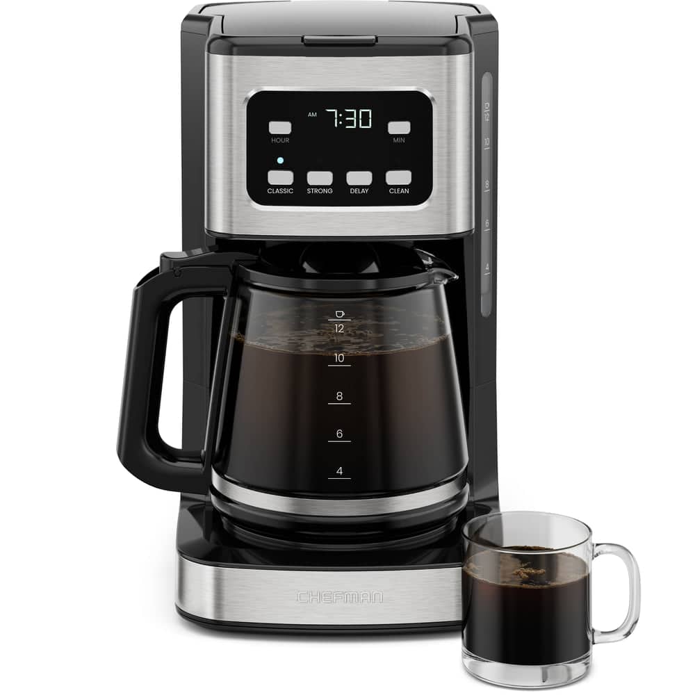 Chefman - 12-Cup Programmable Coffee Maker, Digital Coffee Pot w/Auto-Brew Function and Keep Warm, Strong Brew Setting - Stainless Steel