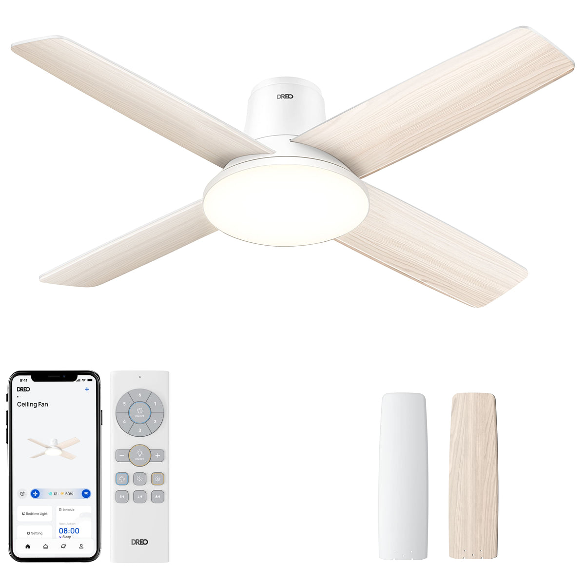 DREO - 44 in. Indoor White Smart 4-Blade Ceiling Fan with Timer, Light and Remote