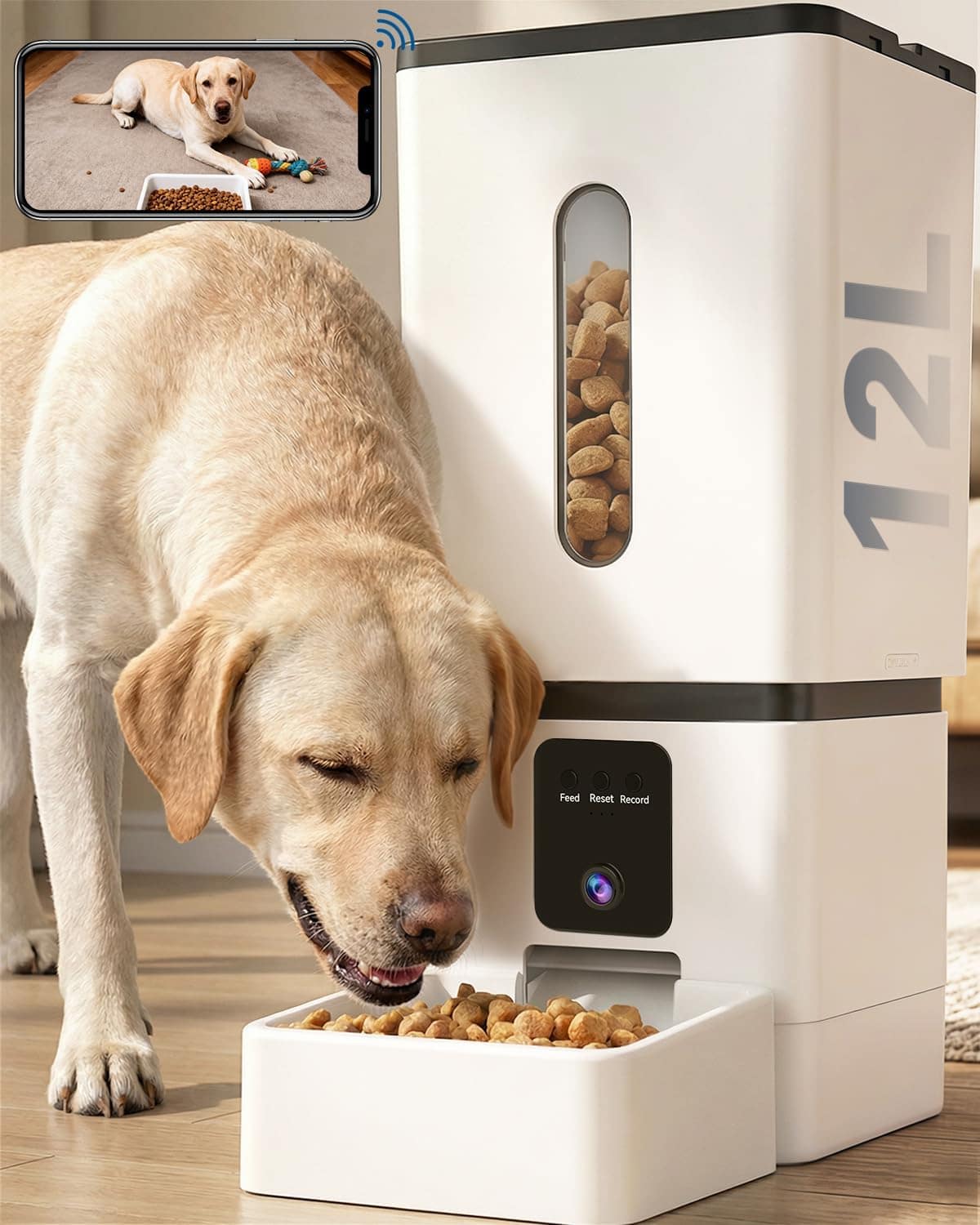 PRIMEPLUS - Automatic Dog Feeder for Large Breed with Camera - 12L/50 Cups, App Control, 1080P, Supports Kibble up to 20mm/0.8in - White