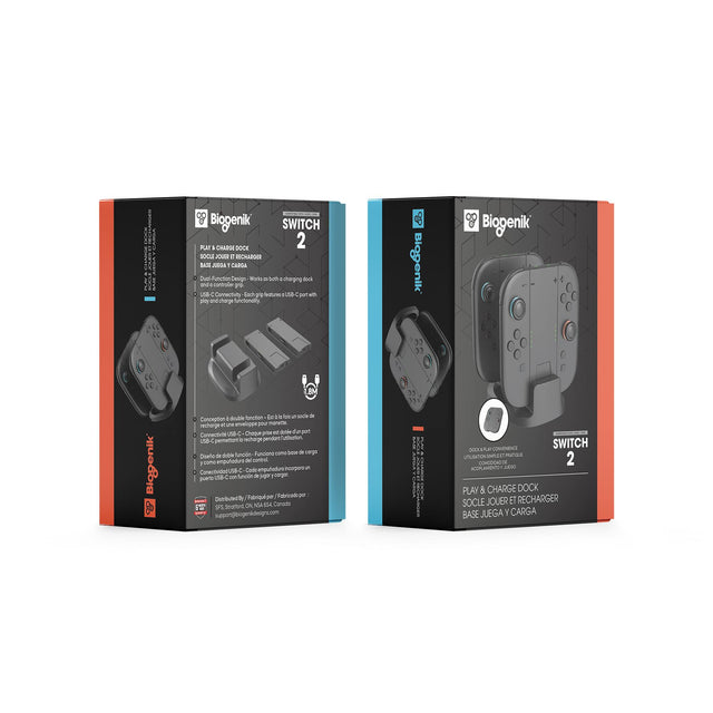 Biogenik SWITCH 2  
PLAY & CHARGE DOCK  
BASE JUEGA Y CARGA  

Dual Function Dock - Works as a charging dock and a controller grip.  
USB-C Connectivity - Each grip features a USB-C port with play and charge functionality.  

Conception de double fonction - Fonctionne à la fois comme une station de charge et une poignée de contrôleur.  
USB-C - Permet de recharger pendant utilisation.  

Diseño de doble función - Funciona como base de carga y como poignée de controlador.  
Conectividad USB-C - Cada poignée 