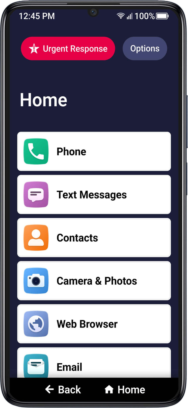 12:45 PM 100% ! Urgent Response Options Home Phone Text Messages Contacts Camera & Photos Web Browser Email Back Home