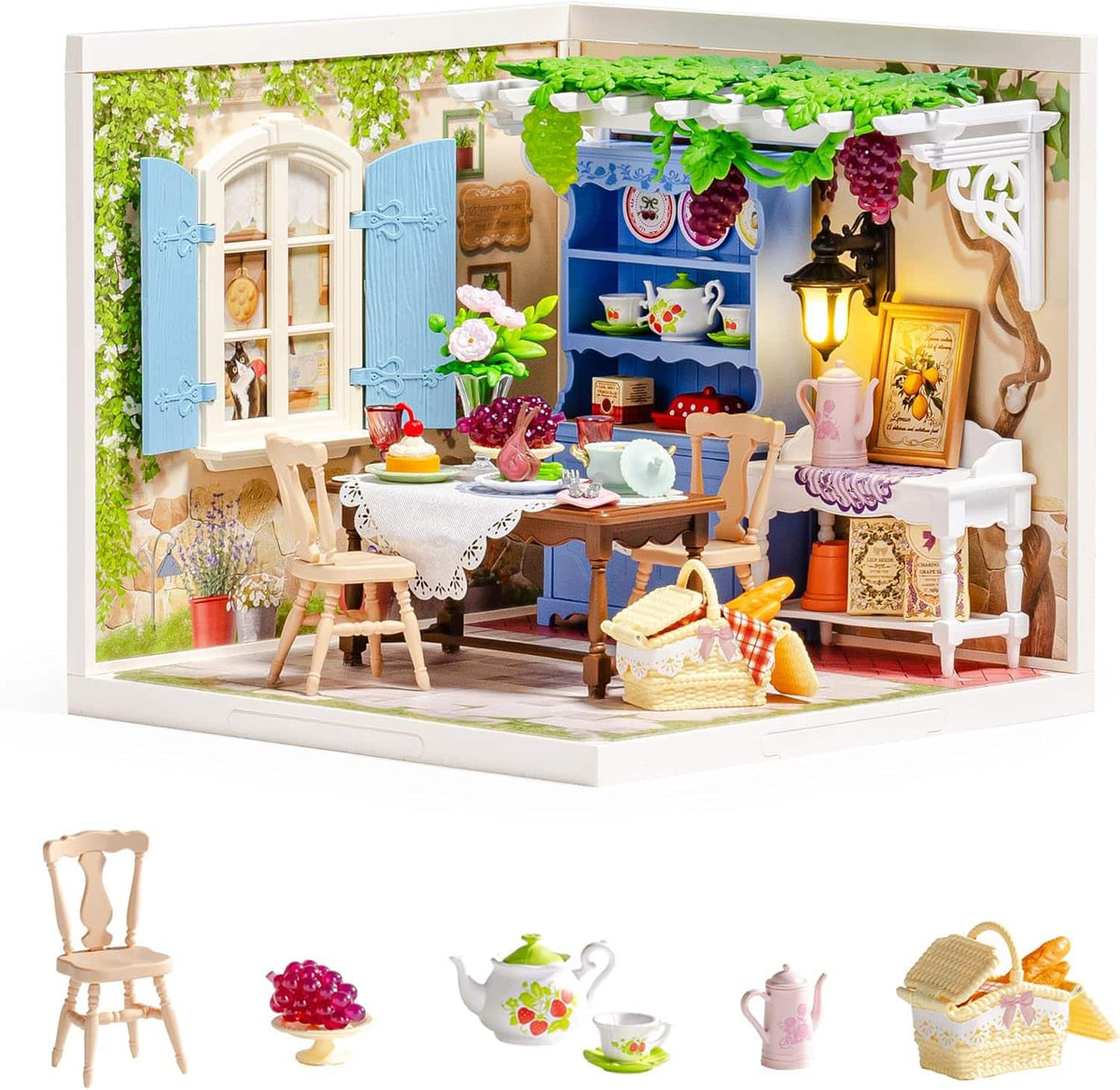Robotime - Rolife Midsummer Dream Yard Super Creator Kits, Miniature House Kit, DIY Plastic House Building Toy Set with LED - Brown
