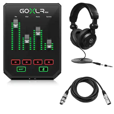 TC Helicon - GO XLR Mini Online Broadcast Mixer, Black, Bundle with TAPH100 Headphones and 10' XLR Microphone Cable