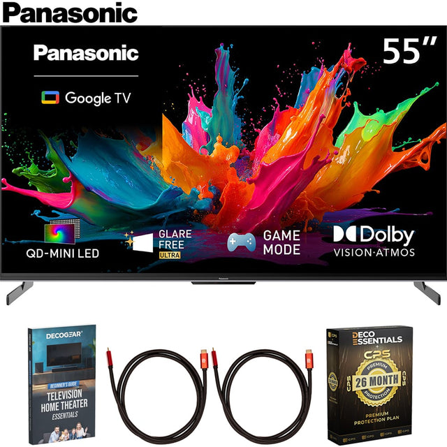 Panasonic  
55"  
Google TV  
QD-MINI LED  
GLARE FREE ULTRA  
GAME MODE  
Dolby VISION ATMOS  

DECOGEAR  
TELEVISION HOME THEATER ESSENTIALS  
BEGINNER'S GUIDE  

DECO ESSENTIALS  
CPS PREMIUM  
26 MONTH  
PROTECTION PLAN