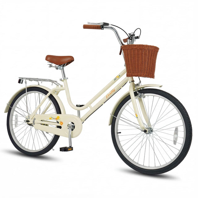 Front. Gymax - Gymax 24-Inch Beach Cruiser Bike w/Adjustable Seat Woven Basket & Rear Rack Beige - Beige.