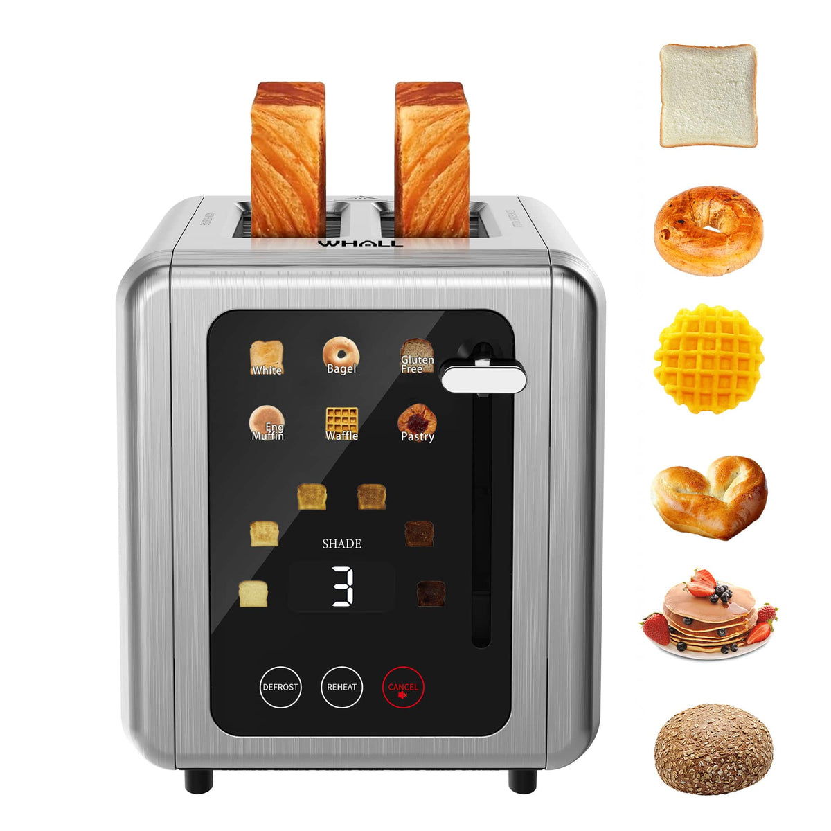 WHALLPRO - WHALL 2 Slice Touchscreen Toaster, 6 Shade Settings, 6 Bread Types, Digital Timer, Extra Wide Slot - Stainless Steel