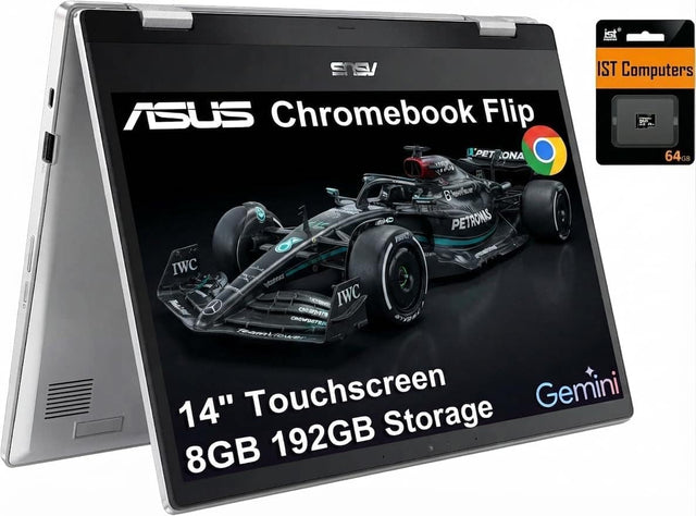 * ist
SNSV ASUS Chromebook Flip PET ONA WHO B'ABAVIRUXE PETRONAS @WHINE IWC pictures IWC Production CROMPATO YOURLE CROWDAYRIE
IST Computers back 64GB
Touchscreen Gemini 14" Storage 8GB 192GB