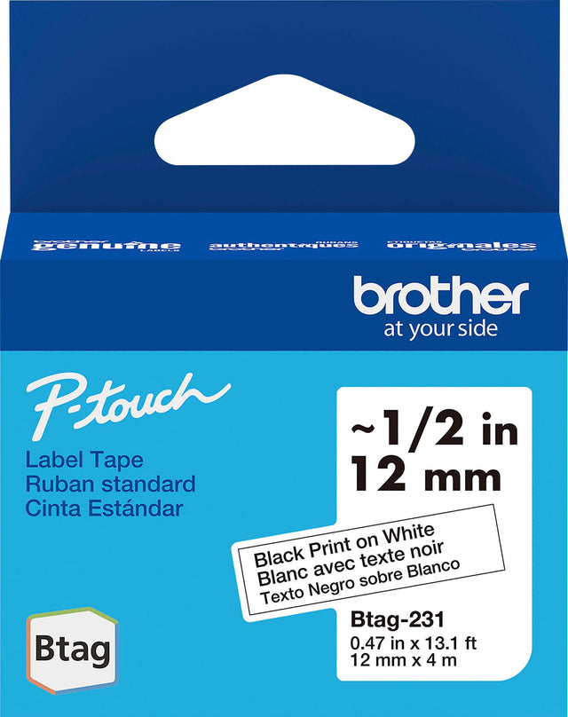 The text on the image reads: "Petouch 1/2 in Label Tape Ruban standard 12 mm Cinta Estandar on White Black Print texte noir Blanc avec sobre Blanco Texto Negro Btag-231 0.47 in X 13.1 ft Btag 12 mm x 4 m."