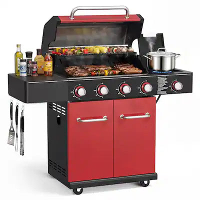HUGROVE - 4-Burner Liquid Propane Gas Grill, 56,000 BTU Outdoor BBQ Grill with Clear-View Window, Side Burner & Cast Iron Grates