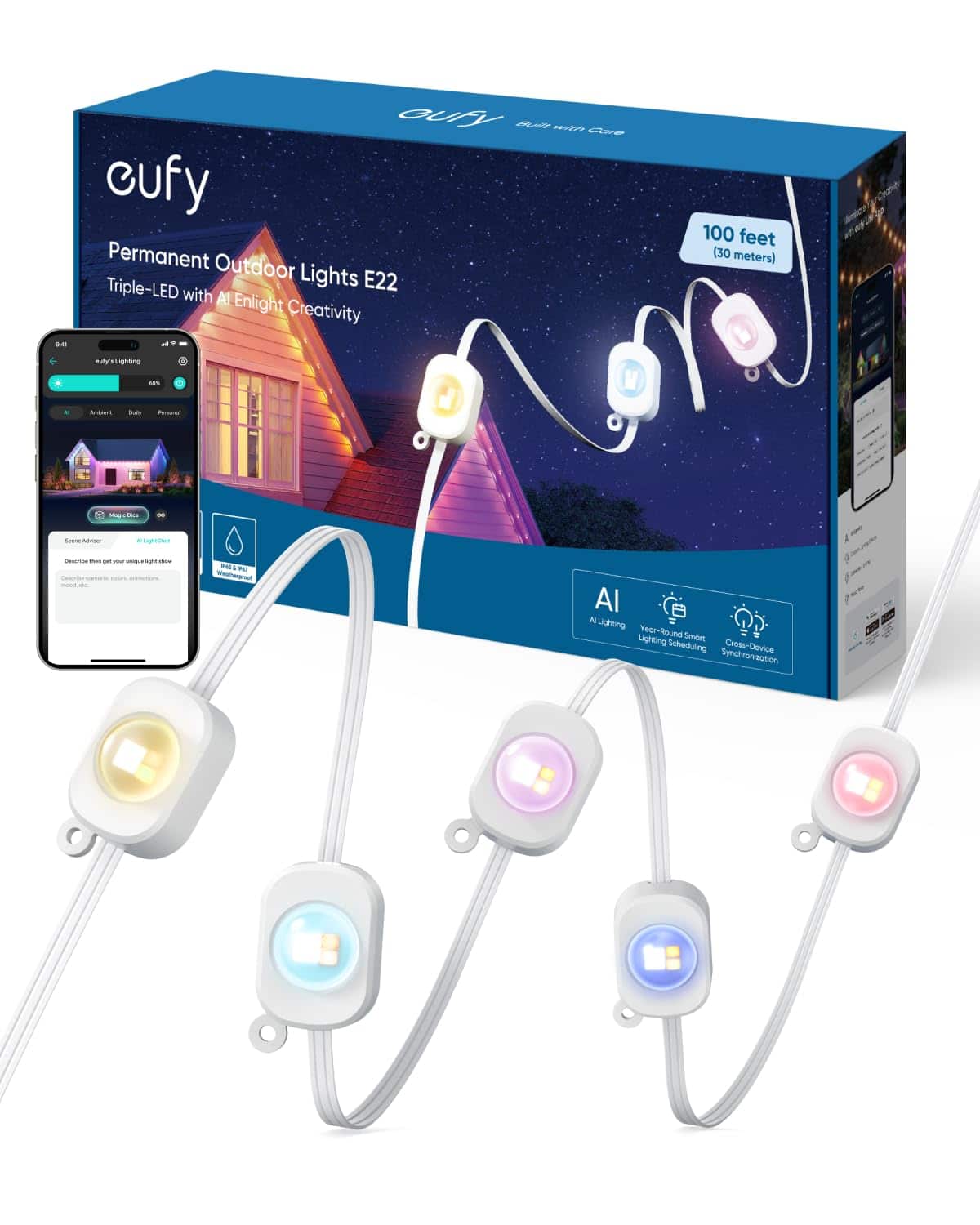 eufy - Permanent Outdoor Lights E22, 100ft 60 Triple‑LED, Smart RGBWW, AI Themes, IP67, Camera Link, Christmas & Daily Use - White