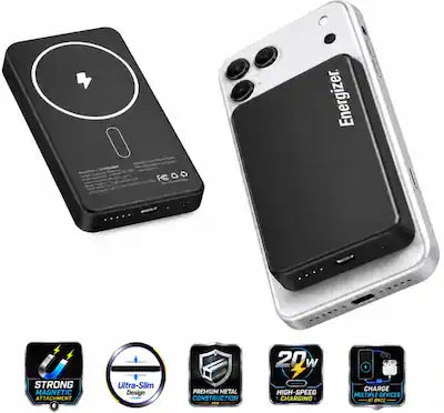 Energizer - 10,000mAh SLIM METAL 20W Magnetic Wireless Qi/Qi2.0/MagSafe PowerBank, Portable Charger, 2 Outputs, LED Display, & USB-C