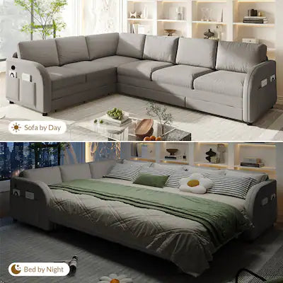 Anysun - 115.2" L-Shaped Sofa w/ Pull-Out Bed, Oversize Sleeper, Side Pocket, USB Port, Sherpa Fleece, Convertible Left/Right