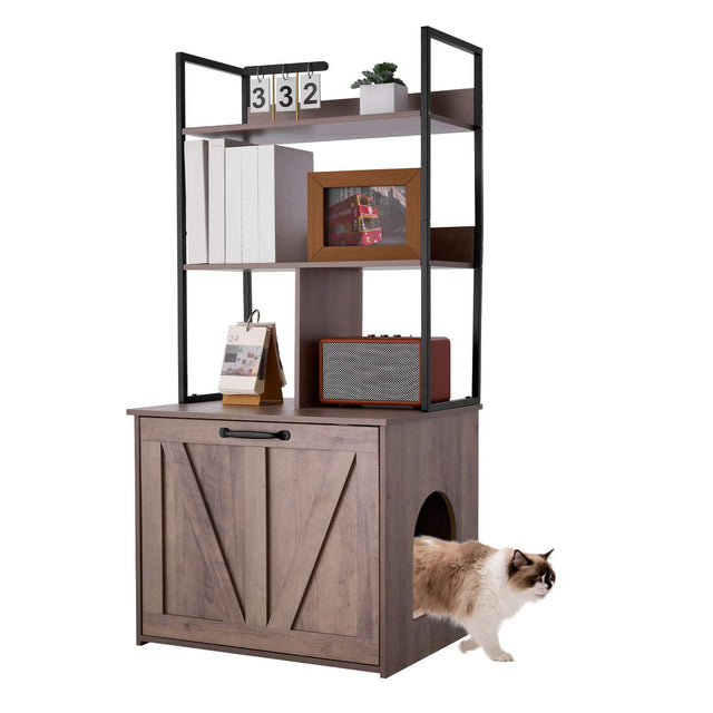 Front. VEVOR - Cat Litter Box Enclosure Furniture, 23.6 in Hidden Litter Box Cabinet with Storage Shelves, Modern Style - Grey+Black.