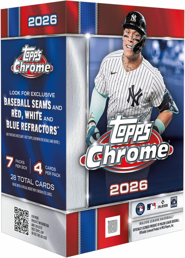 2026

Topps Chrome

LOOK FOR EXCLUSIVE BASEBALL SEAMS AND RED, WHITE AND BLUE REFRACTORS™

(NO PURCHASE NECESSARY. VISIT TOPPS.COM/MPW FOR DETAILS AND ENTRY.)

7 PACKS PER BOX
4 CARDS PER PACK
28 TOTAL CARDS

PACKS WITH A SPECIAL INSERT MAY CONTAIN LESS CARDS.

FOR MORE PRODUCT INFORMATION AND CHECKLIST VISIT TOPPS.COM OR USE THIS QR CODE

MAJOR LEAGUE BASEBALL
OFFICIALLY LICENSED PRODUCT OF MLB PLAYERS, INC.