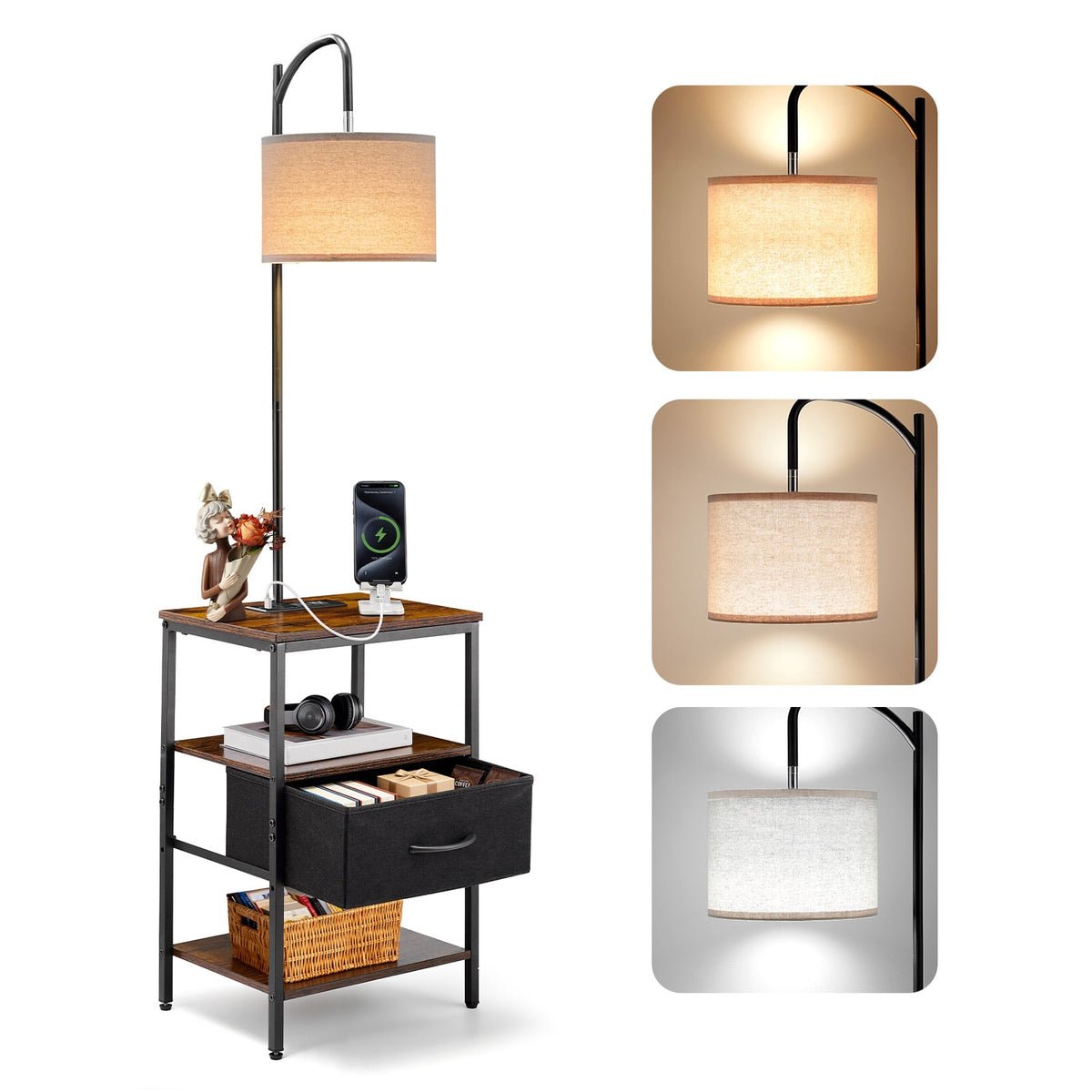 VEVOR - Floor Lamp with Table, 3-Tier End Table with Drawer and 3 Color Temperature Lighting, Modern Side Nightstand - Black + Brown