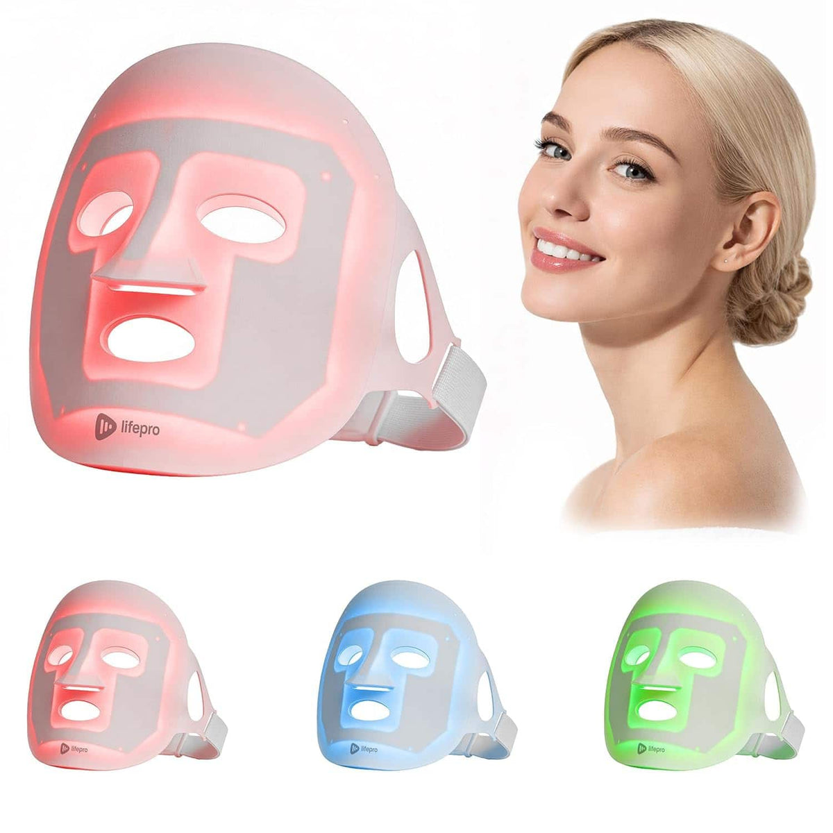 LifePro - LED Light Therapy Mask for Face and Neck Red Light LED Mask Skin Care Mask with 3 Light Modes - White