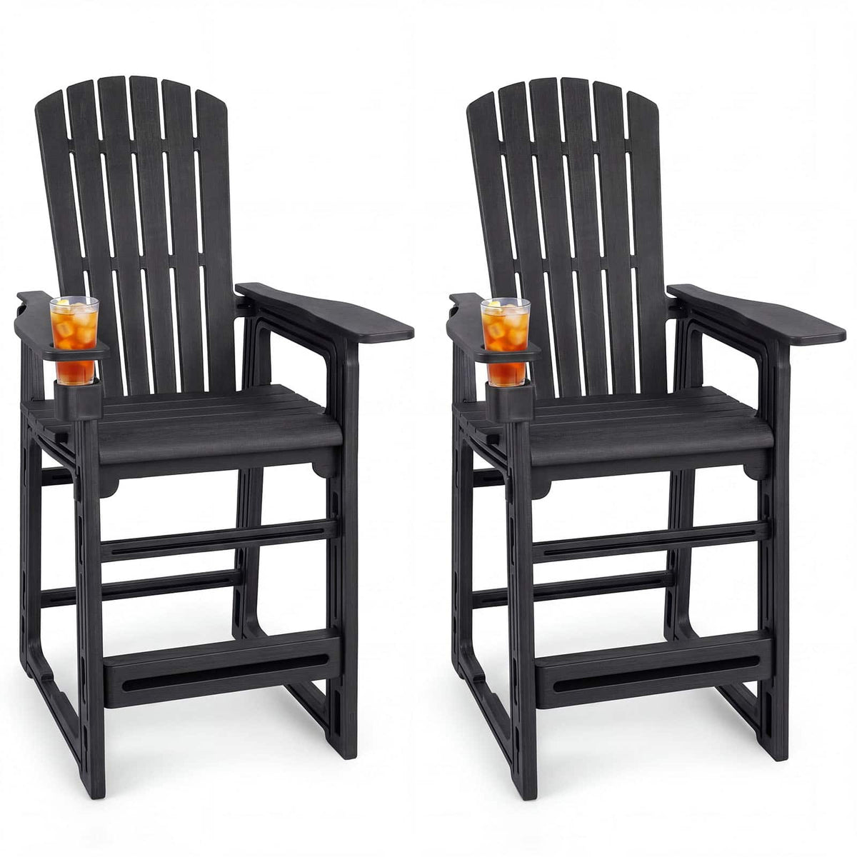 Costway - 2 PCS All-Weather HDPE Tall Adirondack Chair with Backrest, Armrests, Cup Holder - Black