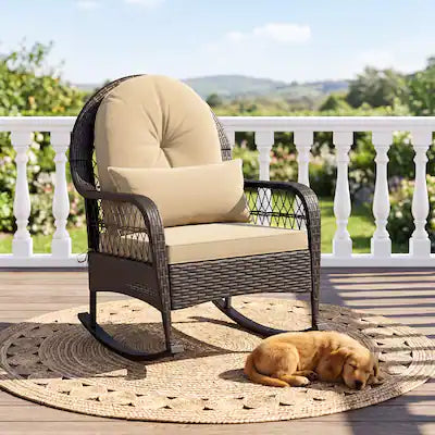 Costway - Outdoor Wicker Rocking Chair with Waist Pillow & Soft Removable Cushions for Garden