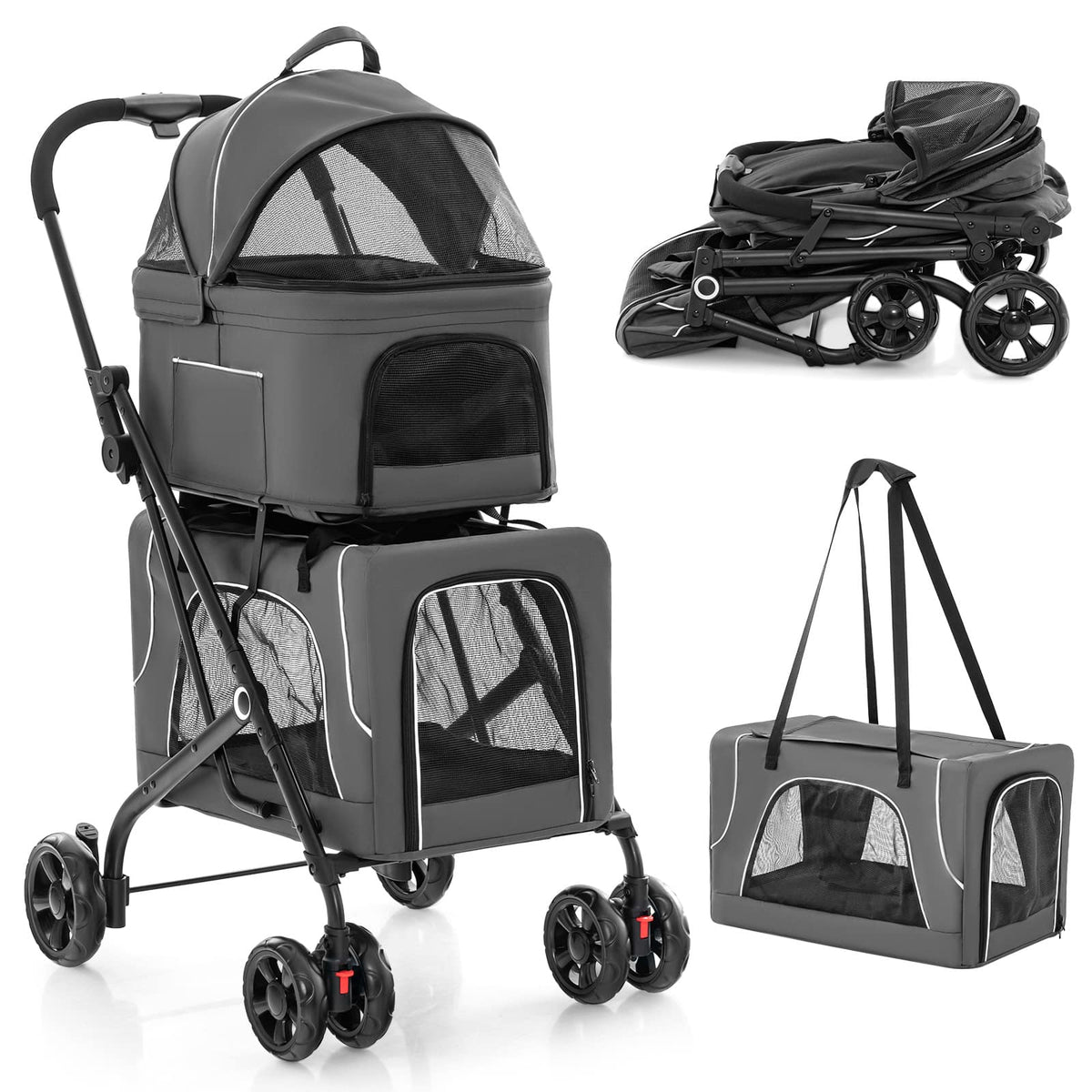 Costway - Double Pet Stroller for 2 Dogs or Cats w/ 2 Detachable Carriers Safety Belt - Gray