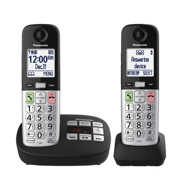 **Left Device:**

- Panasonic
- 12:00 AM
- Dec. 31
- MENU
- TALK
- VOL
- OFF
- FLASH
- REDIAL
- CID
- 1
- 2 ABC
- 3 DEF
- 4 GHI
- 5 JKL
- 6 MNO
- 7 PQRS
- 8 TUV
- 9 WXYZ
- * Ana #
- 0
- CALL
- SP-PHONE
- BLOCK
- ERASE
- VOL
- PLAY/STOP
- TALK
- FLASH
- CID
- 1
- 2 ABC
- 3 DEF
- 4 GHI
- 5 JKL
- 6 MNO
- 7 PQRS
- 8 TUV
- 9 WXYZ
- * Ana #
- 0
- CALL
- SP-PHONE
- BLOCK

**Right Device:**

- Panasonic
- Answering device
- INTERCOM SELECT
- TALK
- VOL
- OFF
- FLASH
- REDIAL
- CID
- 1
- 2 ABC
- 3 DEF
- 4 GHI
- 5 JK