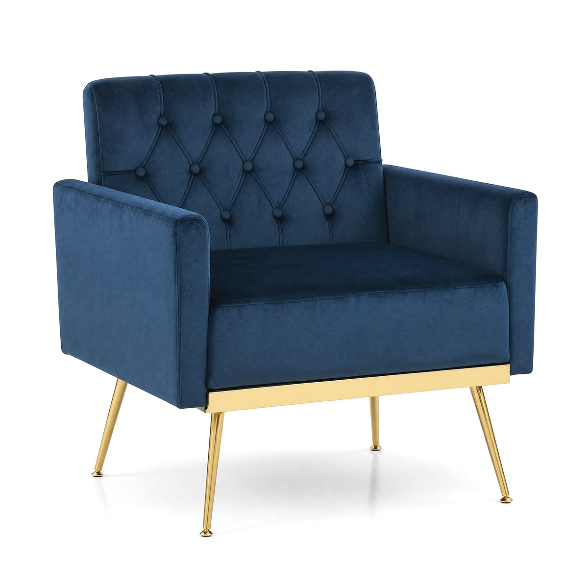 Costway - Mid-century Upholstered Accent Chair with Button Tufted Back, Golden Metal Legs - Blue