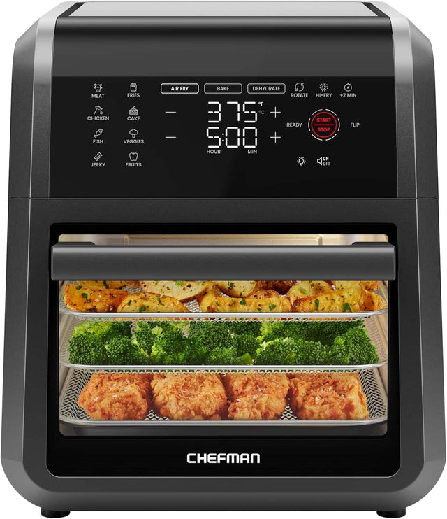 MEAT  
CHICKEN  
FISH  
JERKY  
FRIES  
CAKE  
VEGGIES  
FRUITS  

AIR FRY  
BAKE  
DEHYDRATE  
ROTATE  
HI-FRY  
+2 MIN  

375°F  
5:00  
HOUR  
MIN  

START  
STOP  
FLIP  

READY  

ON/OFF  

CHEFMAN