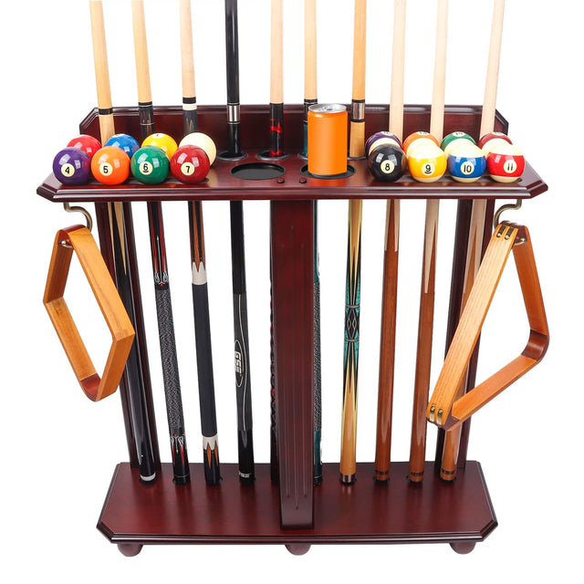 Front. GSE Games & Sports Expert - Wood 10 Floor Stand Pool Cue Rack Only Holds Full Balls Set, Ball Racks, Drink Holders - Mahogany - Mahogany.