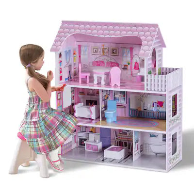 Costway - 28'' Dollhouse w/ Furniture and Play Accessories for Girls