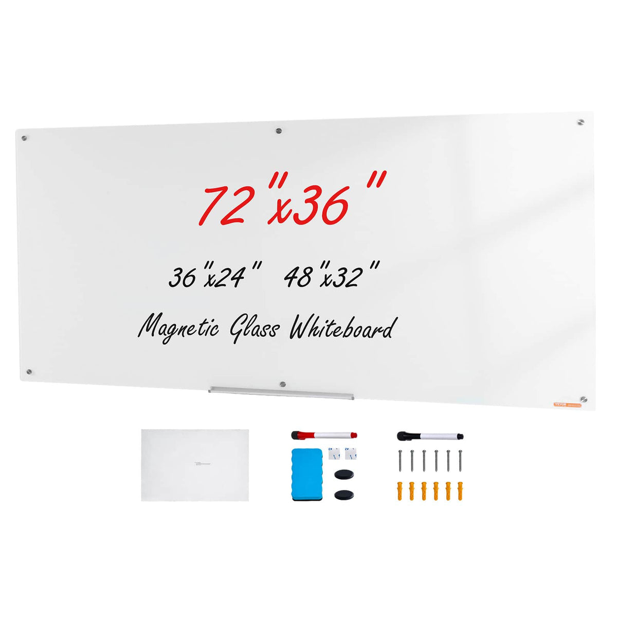 VEVOR - Magnetic Glass Whiteboard, Dry Erase Board 72"x36", Wall-Mounted Large Glassboard Frameless - White