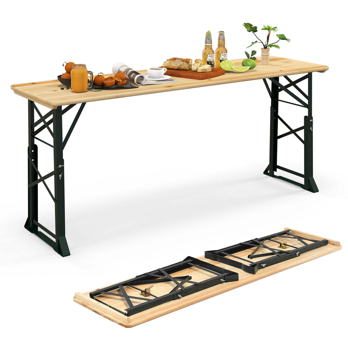 Costway - 5.5 Ft Outdoor Folding Wood Picnic Table Height Adjustable Metal Frame - Natural