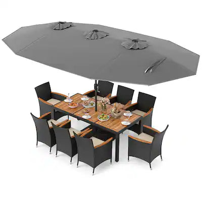 Costway - 11 PCS Patio Wicker Dining Set with Double-Sided Outdoor Umbrella 8 Stackable Chairs
