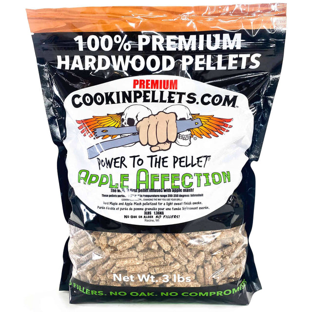 100% PREMIUM HARDWOOD PELLETS  
PREMIUM COOKINPELLETS.COM  
POWER TO THE PELLET  
APPLE AFFECTION  
The first pellet infused with apple mash!  
These pellets perform at a temperature range of 200-330 degrees Fahrenheit  
Hard Maple and Apple Mash pelletized for a light sweet finish smoke.  
Pure dérable et purs de granulés une fumée sucrée.  
3 LBS 1.36KG  
NO OAK. NO ALDER. NO FILLERS!  
Racine, WI  
Net Wt. 3 lbs  
NO FILLERS. NO OAK. NO COMPROMISE