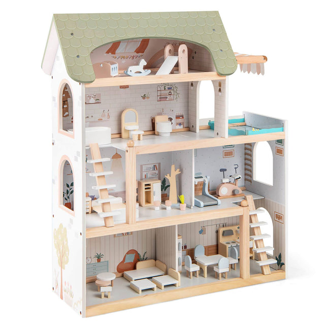 Front. Costway - Costway Kids Wooden Dollhouse 4-Story Modern Doll House with 33Pcs Furniture Accessories - Green.
