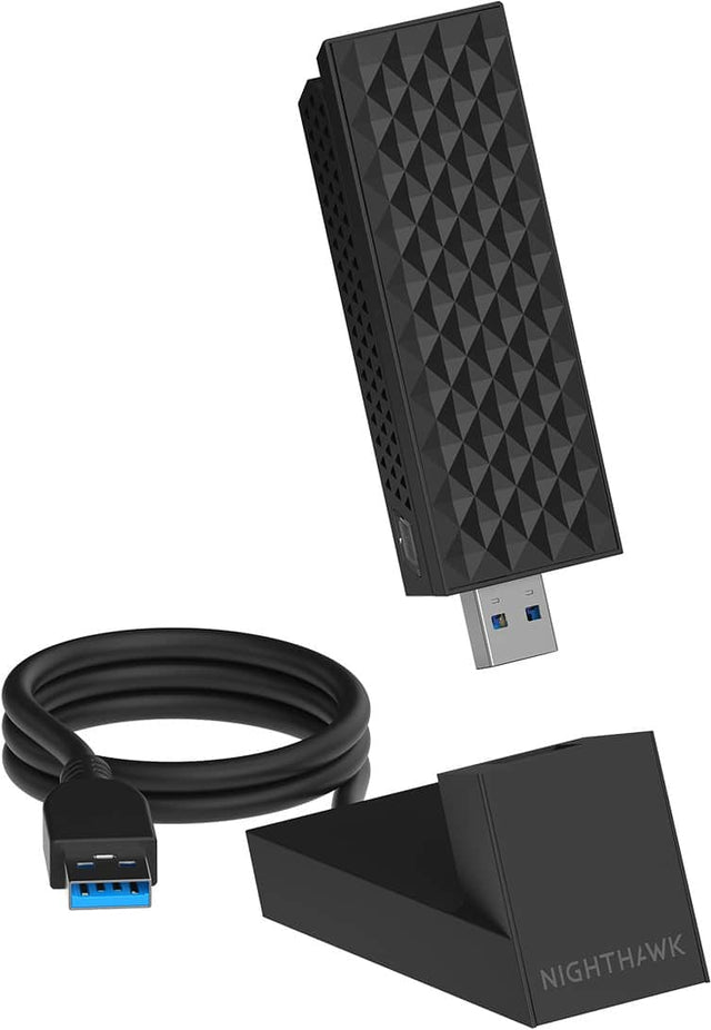 Angle. NETGEAR - Nighthawk A9000 Wi-Fi 7 USB 3.0 Adapter for Windows 11 PC - Black.