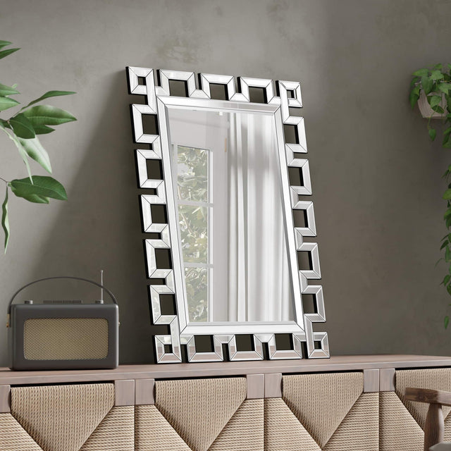 Front. Breezary - 36 x 24 Modern Rectangle Wall Mirror Beveled Crystal Hollow Frame Decorative Vanity for Bathroom Bedroom Living Room - Black.