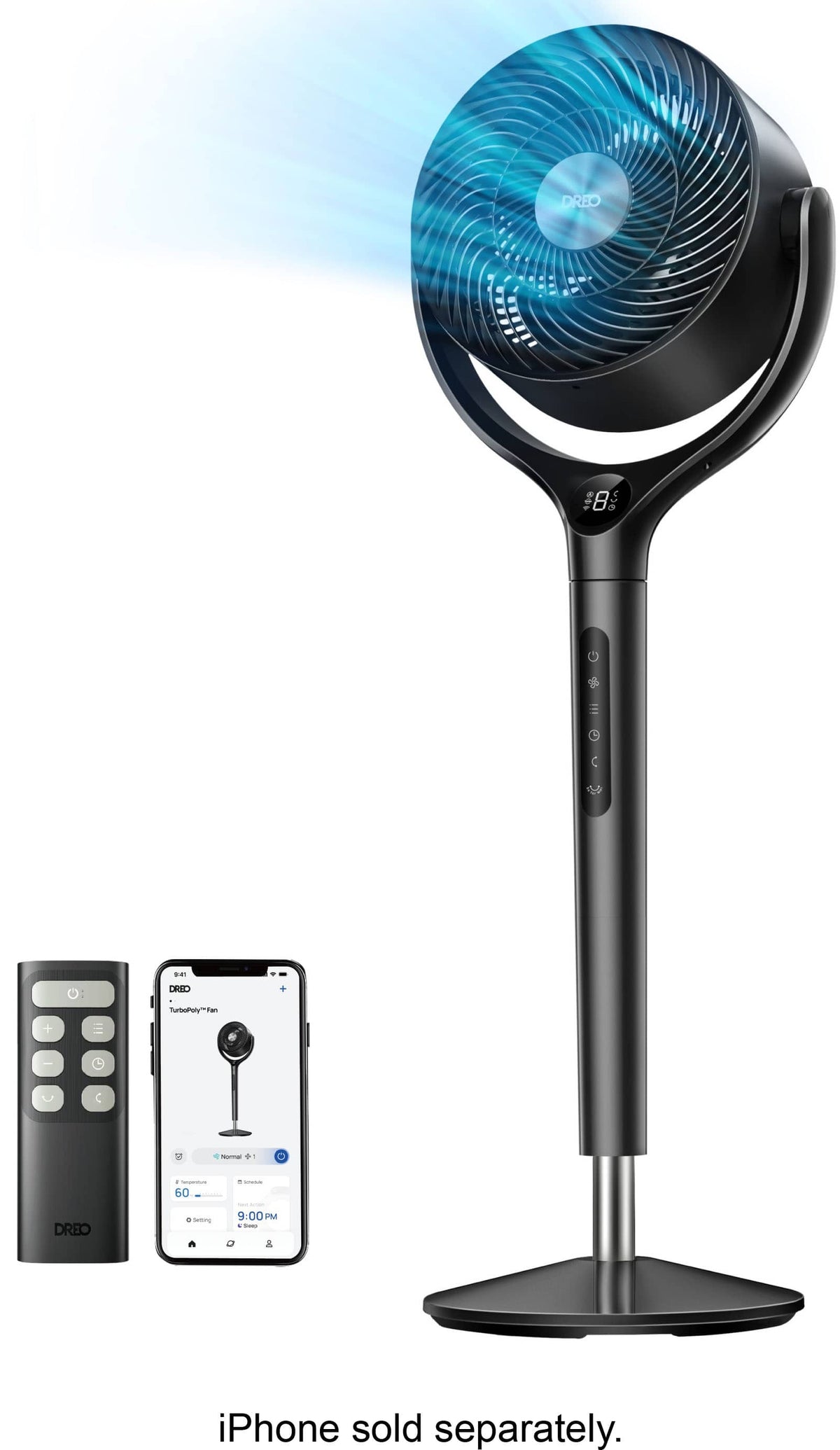 DREO - 9 in. Smart Adjustable Pedestal Floor Fan w/Remote and 3D 120° Oscillation, 9-Speed, 20dB, 8-H Timer - Gray
