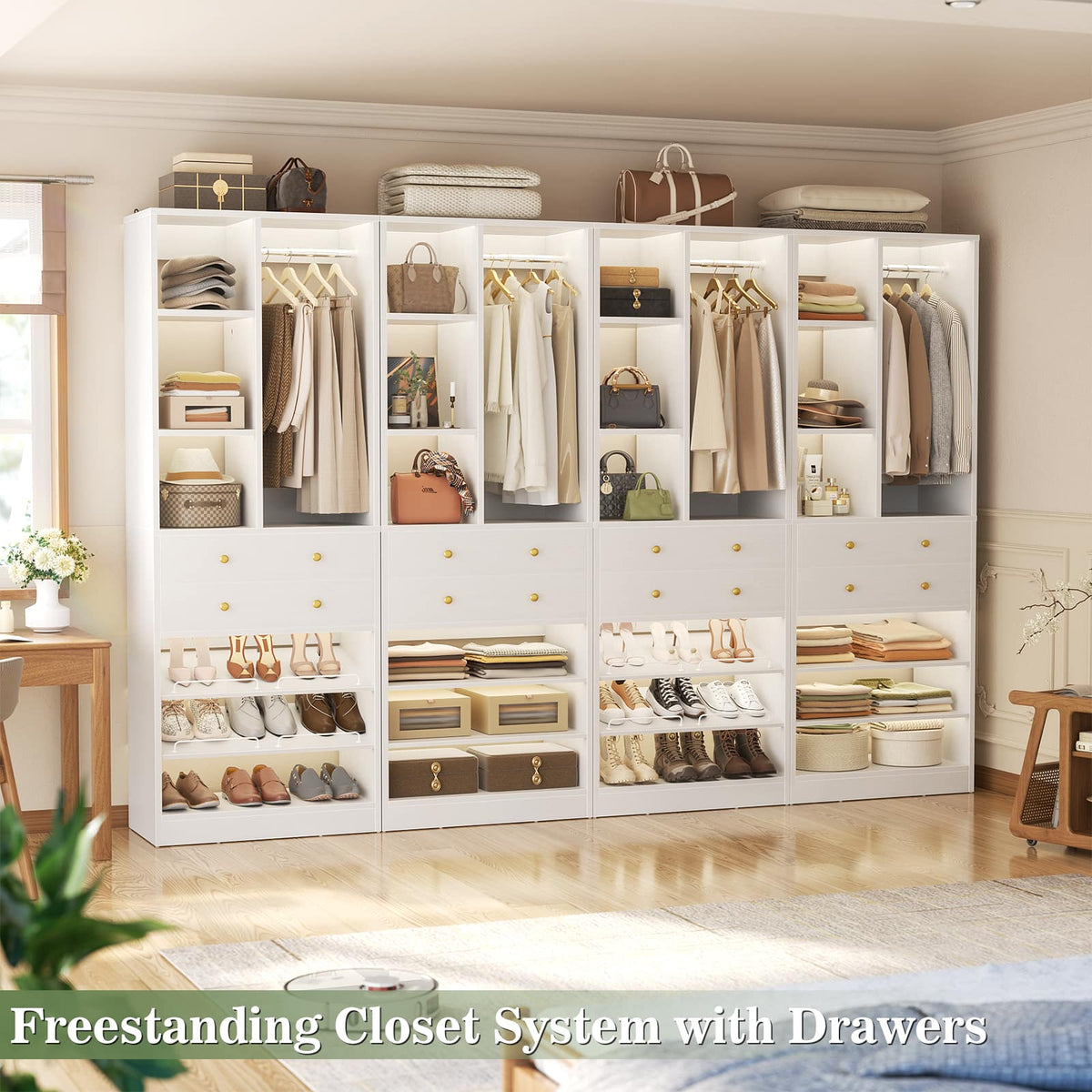 Aheaplus - 111" Closet System: 8-Drawer & Shelf Organizer, Fits 10ft Walk-ins,Free Standing, 2400LB Capacity, 4-Pack in 4 packages - White