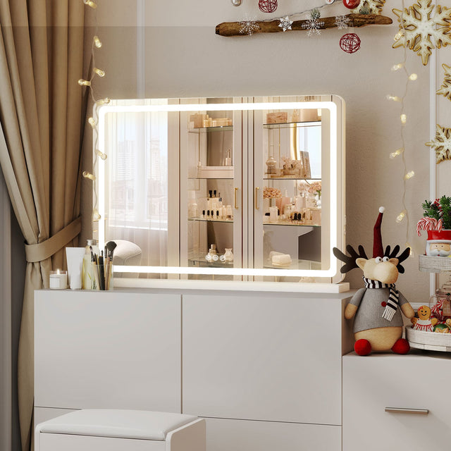 Front. Anysun - 32" x 22" LED Vanity Mirror with Lights - Dimmable 3-Color Modes, Touch Control, Square White Desk Mirror.