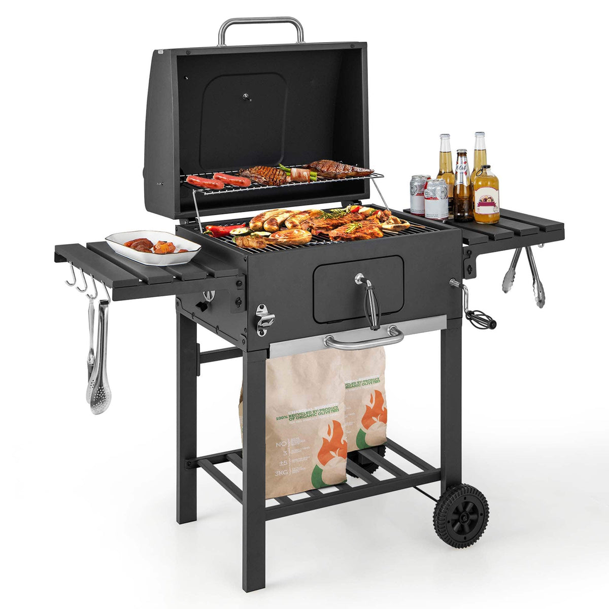 Costway - Outdoor Charcoal Grill 391 sq.in. Cooking Area 2 Foldable Side Table BBQ Camping - Black