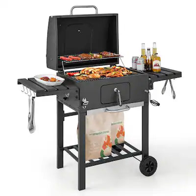 Costway - Outdoor Charcoal Grill 391 sq.in. Cooking Area 2 Foldable Side Table BBQ Camping