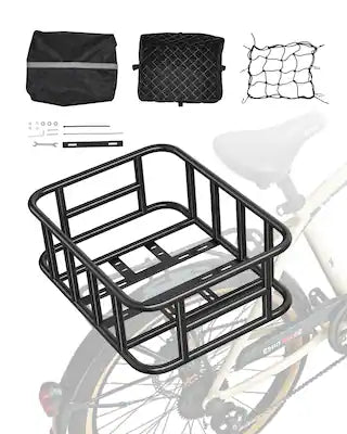 VEVOR - Rear Bike Basket, Medium Bicycle Basket with Cargo Net, Liner & Waterproof Cover, Heavy Duty Bike Back Basket