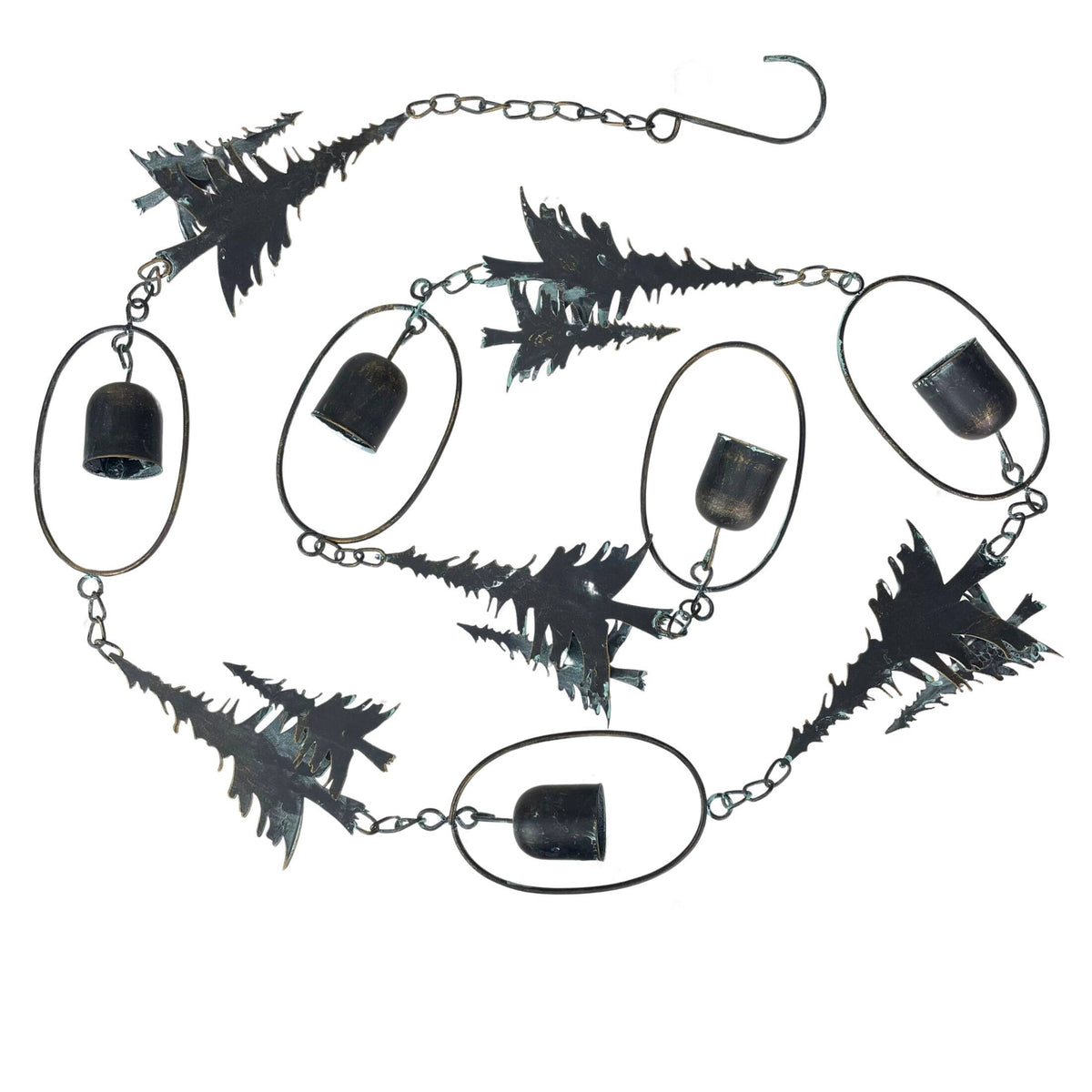 Things2Die4 - 70" Metal Rain Chain - Forest Trees & Zen Bells, Aged Verdigris, 3.25" Diameter - Black