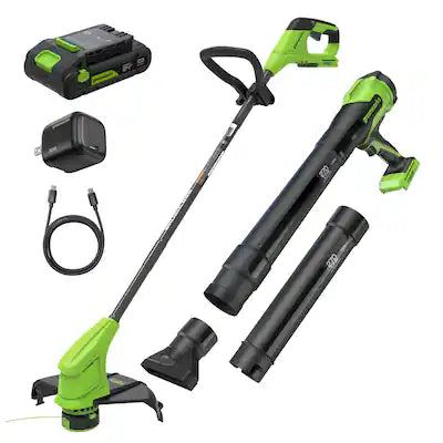 Greenworks - 24V 12" Brushless String Trimmer and 270 CFM Leaf Blower Combo, 2.0Ah Battery, 30W USB-C Charger