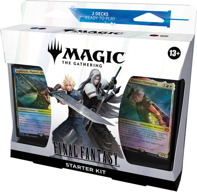 Magic: The Gathering Final Fantasy Starter Kit

This starter kit includes two pre-constructed decks, ready to play, and a 13+ card booster pack. The decks are based on the popular Final Fantasy franchise, featuring iconic characters and abilities from the games. The booster pack contains additional cards to further customize and enhance your decks. The kit is designed to provide a fun and engaging introduction to the world of Magic: The Gathering, a collectible card game that has captivated players for deca